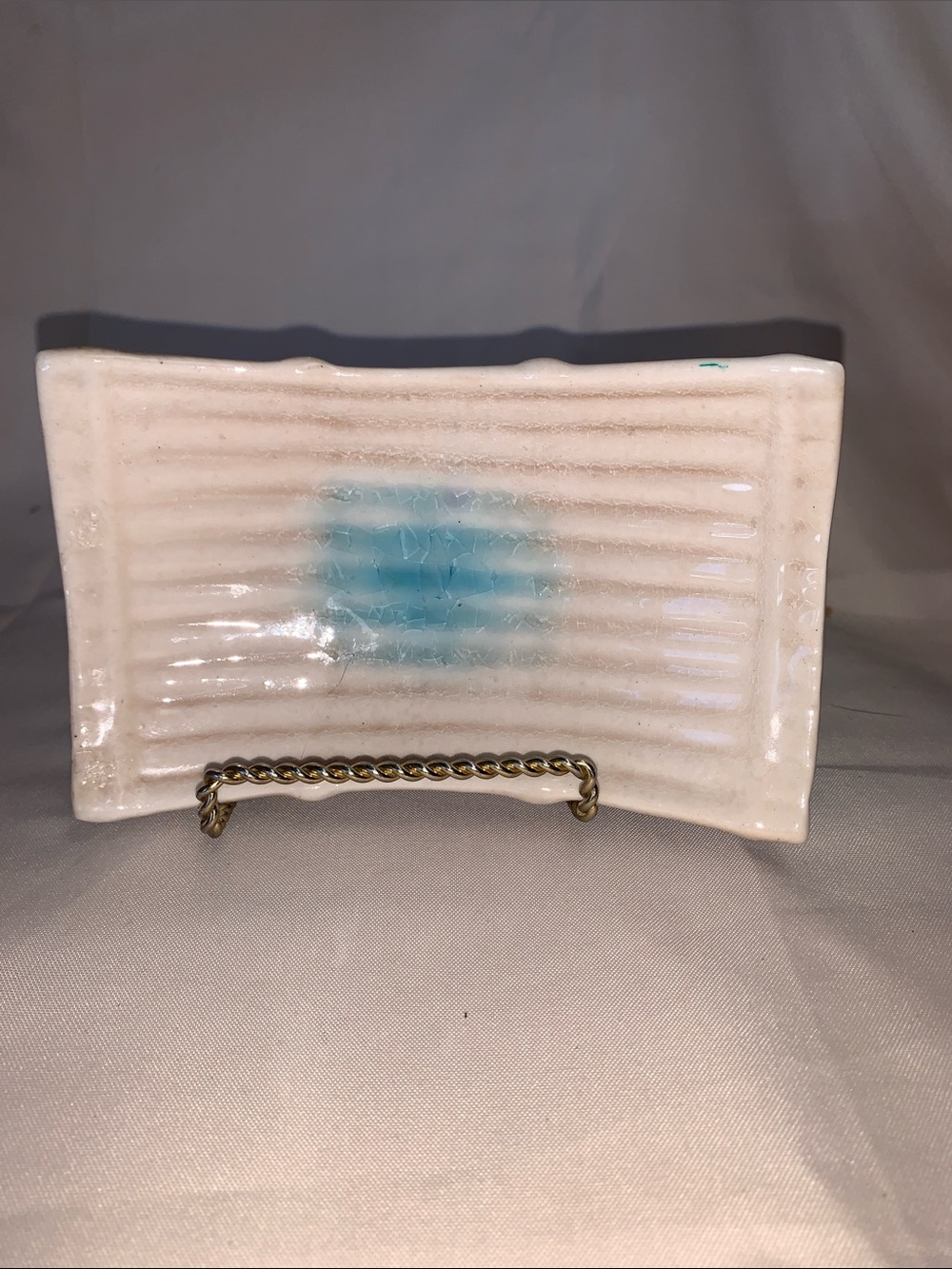 Ceramic Decorative Tray in Cream with Aqua Accent - Brand Unlisted